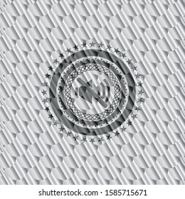 mute icon inside shiny silver emblem. Scales pattern. Vector Illustration. Detailed.