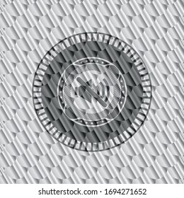 mute icon inside shiny silver badge. Scales pattern. Vector Illustration. Detailed.