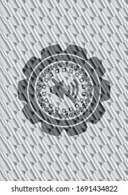 mute icon inside silver shiny emblem. Scales pattern. Vector Illustration. Detailed.