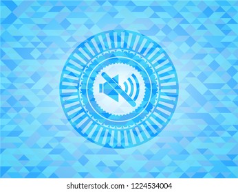 mute icon inside sky blue emblem. Mosaic background