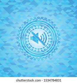 mute icon inside sky blue emblem. Mosaic background