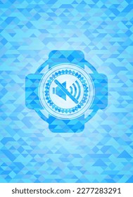 mute icon inside sky blue emblem with mosaic background. 