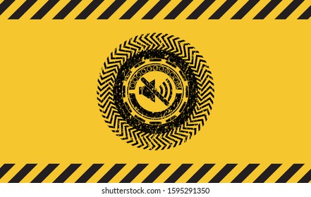 mute icon inside warning sign, black grunge emblem. Vector Illustration. Detailed.