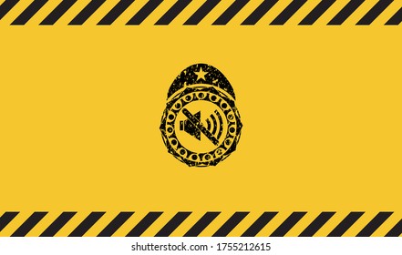 mute icon inside warning sign, black grunge emblem. Vector Illustration. Detailed. 