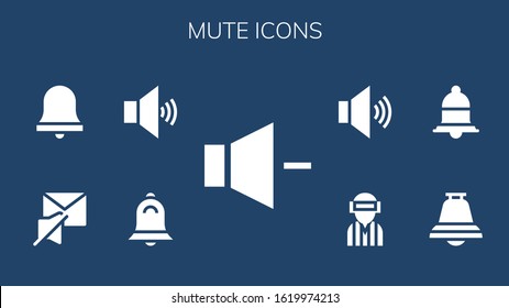 mute icon set. 9 filled mute icons.  Simple modern icons such as: Volume, Bell, Mute, Alarm bell, Notification, Player