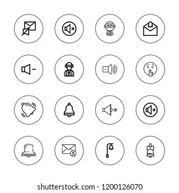 Mute icon set. collection of 16 outline mute icons with bell, notification, mute, no sound, player, sound, silent, volume up icons.
