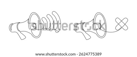 Mute Loudspeaker and sound in one continuous line drawing. No audio and music symbol in simple linear style. Noise Forbidden and permitted sign. Monoline vector illustration