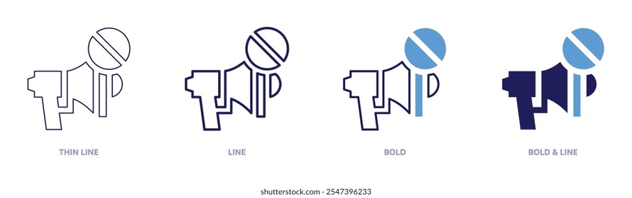 Silencie o ícone do megafone em 4 estilos diferentes. Linha fina, Linha, Negrito e Linha Negrito. Estilo duotônico. Traçado editável.