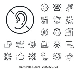 Mute mic sign. Place location, technology and smart speaker outline icons. No hearing line icon. Mute audio sound symbol. No hearing line sign. Influencer, brand ambassador icon. Vector