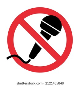 Mute microphone audio icon. Black Microphone crossed out icon. No Mic button, disabled, muted. Do not speak. No Recording sign. Retro flat microphone icon