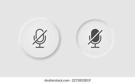 Mute microphone button in neumorphism style. Icons for business, UI, UX. Silent symbol. Voice, speech, audio, unmute, no microphone, talk. Neomorphic style.