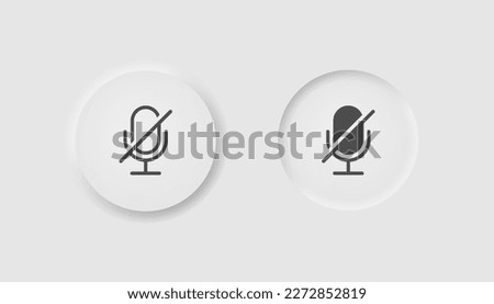 Mute microphone button in neumorphism style. Icons for business, UI, UX. Silent symbol. Voice, speech, audio, unmute, no microphone, talk. Neomorphic style.