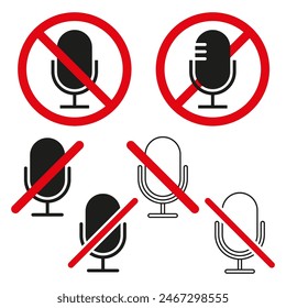 Mute microphone icon. Red prohibition symbol. No sound vector. Black and white design.