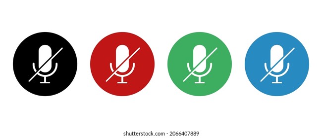 Mute microphone icon set in different colors. Microphone disabled button. Mute, unmute micro. Vector illustration.