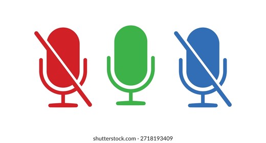 Conjunto de iconos de micrófono silencioso, Ilustración vectorial plana de símbolos de micrófono con barra de prohibición en colores rojo, verde y azul para audio apagado, modo silencioso y grabación de voz desactivada aislada en fondo blanco.