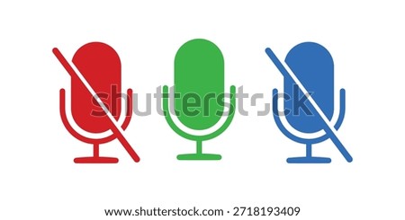 Mute microphone icon set, flat vector illustration of mic symbols with prohibition slash in red, green, and blue colors for audio off, silent mode, and voice recording disabled isolated on white background.