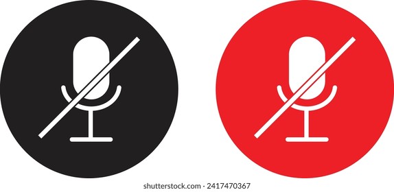 Mute microphone icon set in red and black colors isolated on white background . Microphone muted icon . Vector illustration