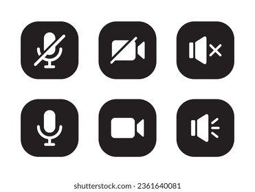 Micrófono silencioso, cámara de vídeo apagada y vector silencioso del icono del altavoz en cuadrado negro