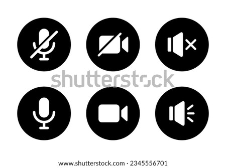 Mute microphone, video cam off, and silent speaker icon vector in circle background