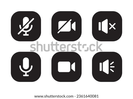 Mute microphone, video cam off, and silent speaker icon vector in black square