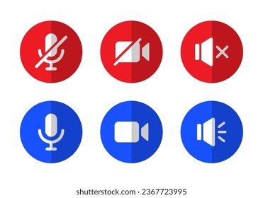 Silenciar el micrófono, apagar la cámara de vídeo y silenciar el vector del icono del altavoz en estilo plano