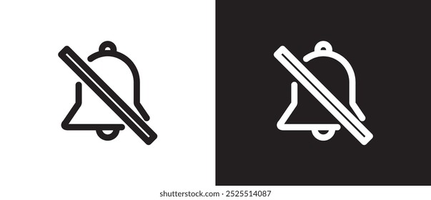 Mute notification bell icon. Alarm symbol, incoming message symbol, subscription alert bell, silent notification, reminder. Notification icon vector illustration on black and white background.