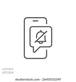 Mute Notification Icon on Smartphone Vector, Editable Stroke Silent Alert Symbol Inside Message Bubble, Minimal Outline Design for Digital Detox and Phone Distraction Control