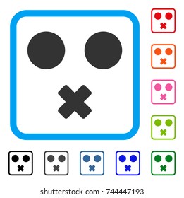 Mute Smile icon. Flat gray iconic symbol in a blue rounded squared frame. Black, gray, green, blue, red, orange color variants of Mute Smile vector. Designed for web and software user interface.