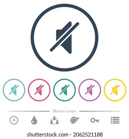 Mute solid flat color icons in round outlines. 6 bonus icons included.