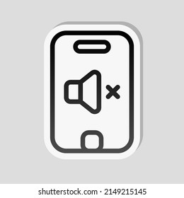 Mute Sound, Audio Off, Simple Icon. Linear Sticker, White Border And Simple Shadow On Gray Background