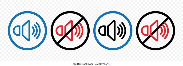 Ativar mudo do conjunto de ícones de som. Ícone de botões do Media Player definido isolado, símbolo de mudo, sinal silencioso, volume baixo, símbolo de volume máximo, Sem volume. Nenhum ícone de som de alto-falante. Ilustração de vetor