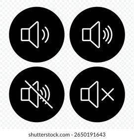 Ativar mudo do conjunto de ícones de som. Ícone de botões do Media Player definido isolado, símbolo de mudo, sinal silencioso, volume baixo, símbolo de volume máximo, Sem volume. Nenhum ícone de som de alto-falante. Ilustração de vetor