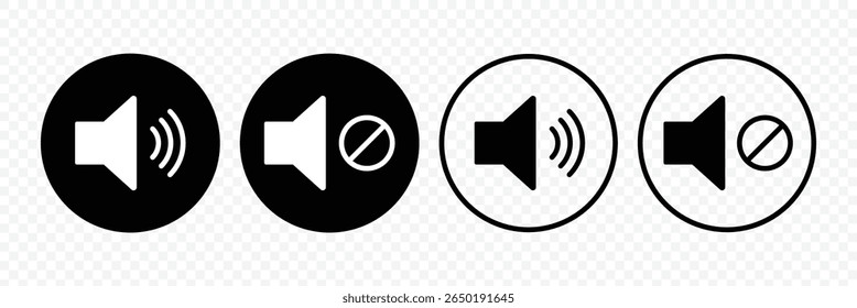 Ativar mudo do conjunto de ícones de som. Ícone de botões do Media Player definido isolado, símbolo de mudo, sinal silencioso, volume baixo, símbolo de volume máximo, Sem volume. Nenhum ícone de som de alto-falante. Ilustração de vetor