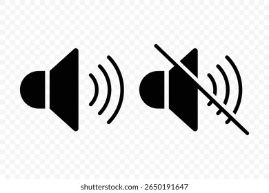 Ativar mudo do conjunto de ícones de som. Ícone de botões do Media Player definido isolado, símbolo de mudo, sinal silencioso, volume baixo, símbolo de volume máximo, Sem volume. Nenhum ícone de som de alto-falante. Ilustração de vetor