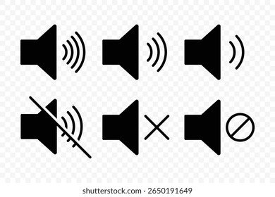 Ativar mudo do conjunto de ícones de som. Ícone de botões do Media Player definido isolado, símbolo de mudo, sinal silencioso, volume baixo, símbolo de volume máximo, Sem volume. Nenhum ícone de som de alto-falante. Ilustração de vetor