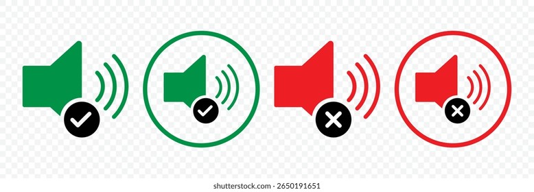 Ativar mudo do conjunto de ícones de som. Ícone de botões do Media Player definido isolado, símbolo de mudo, sinal silencioso, volume baixo, símbolo de volume máximo, Sem volume. Nenhum ícone de som de alto-falante. Ilustração de vetor