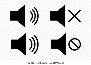 Ativar mudo do conjunto de ícones de som. Ícone de botões do Media Player definido isolado, símbolo de mudo, sinal silencioso, volume baixo, símbolo de volume máximo, Sem volume. Nenhum ícone de som de alto-falante. Ilustração de vetor