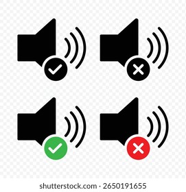 Ativar mudo do conjunto de ícones de som. Ícone de botões do Media Player definido isolado, símbolo de mudo, sinal silencioso, volume baixo, símbolo de volume máximo, Sem volume. Nenhum ícone de som de alto-falante. Ilustração de vetor