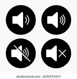 Ativar mudo do conjunto de ícones de som. Ícone de botões do Media Player definido isolado, símbolo de mudo, sinal silencioso, volume baixo, símbolo de volume máximo, Sem volume. Nenhum ícone de som de alto-falante. Ilustração de vetor