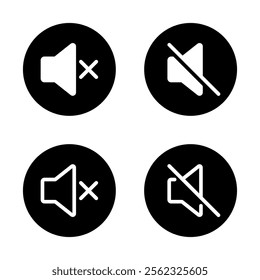 Mute sound icon set on black circle. No volume audio sign symbol