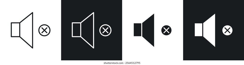 Mute sound icons collection in black filled and line style.