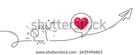 Mute sound line icon. Continuous line with share plane. Silence bell sign. Turn off music symbol. 3d heart in speech bubble. Mute sound single line ribbon. Loop curve pattern. Vector