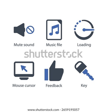 Mute sound, Music file, Loading, Mouse cursor, Feedback, Key, icon