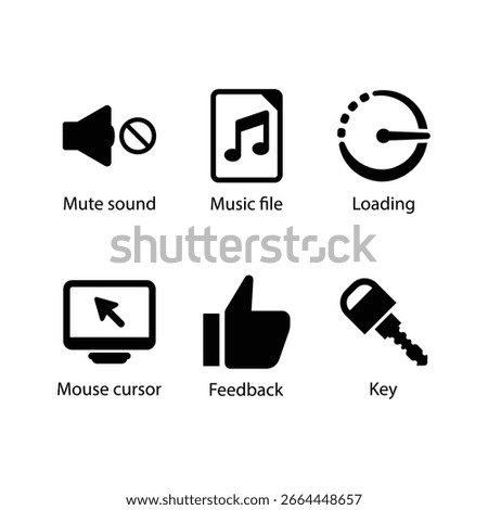 Mute sound, Music file, Loading, Mouse cursor, Feedback, Key, icon