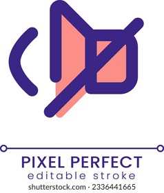Silenciar el píxel de sonido perfecto color RGB icono ui. Modo silencioso. Tono de llamada apagado. Elemento de línea simple rellenado. GUI, diseño UX para aplicación móvil. Pictograma aislado del vector. Trazo editable. Fuente de Poppins utilizada