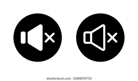 Mute sound speaker icon on black circle. Audio volume sign symbol