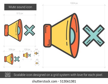 Mute sound vector line icon isolated on white background. Mute sound line icon for infographic, website or app. Scalable icon designed on a grid system.