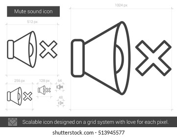 Mute sound vector line icon isolated on white background. Mute sound line icon for infographic, website or app. Scalable icon designed on a grid system.