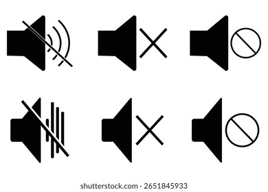 Stummlautsprechersymbol für Audiosteuerung, Soundverwaltung. Vektorisolierter Lautstärkesymbolsatz. 10 EPS