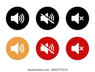 Mute speaker icon set collection on circle background. Sound off, silent symbol vector